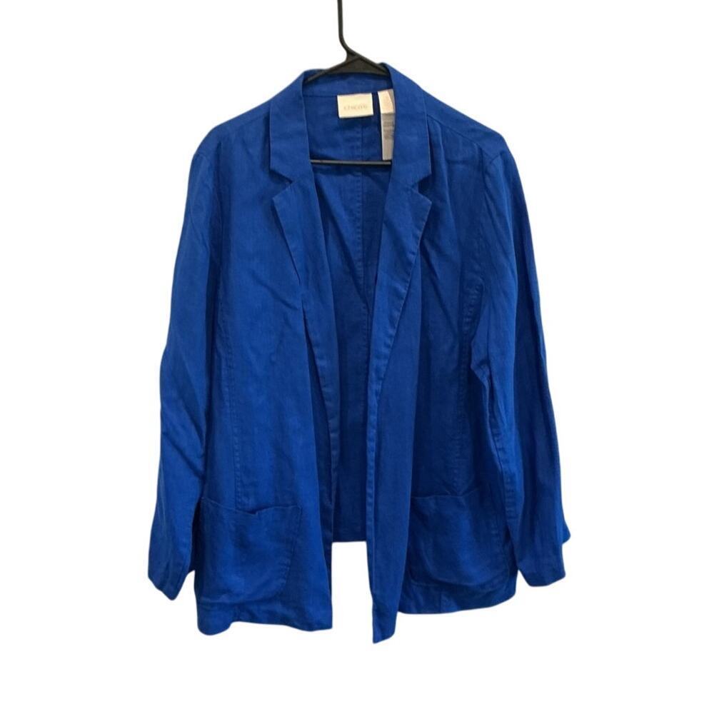 Chico’s Womens Open Linen Jacket Size XL 3 Cobalt Blue Lagenlook Classic Preppy